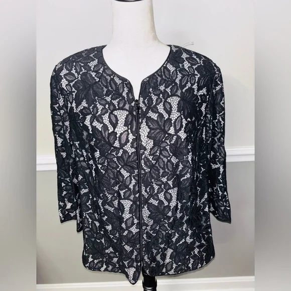 Alex Evenings Black Lace Zip-Front Jacket - Picture 1 of 5